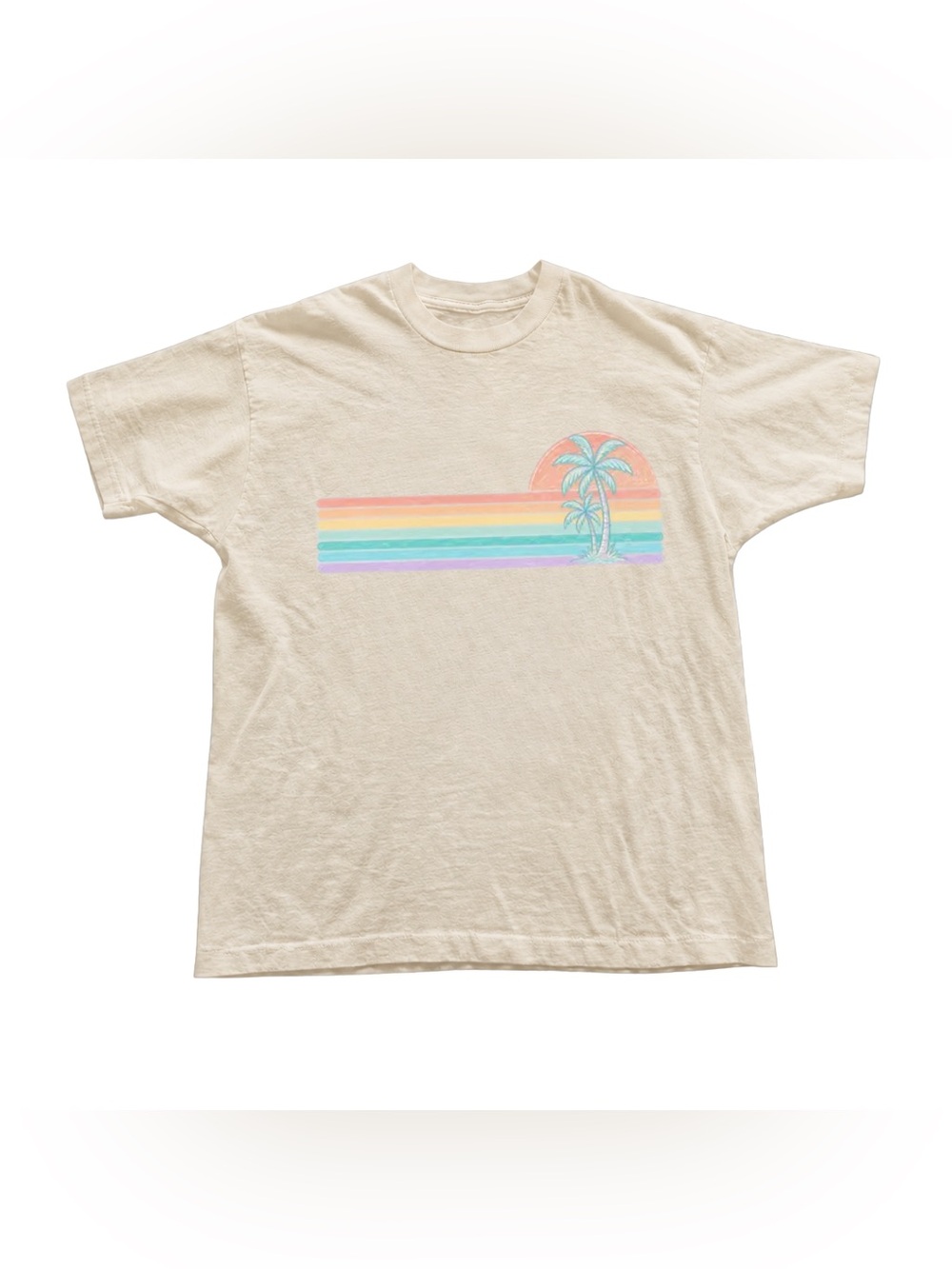 Off White Short-Sleeve Tee with Pastel Rainbow Palm Graphic